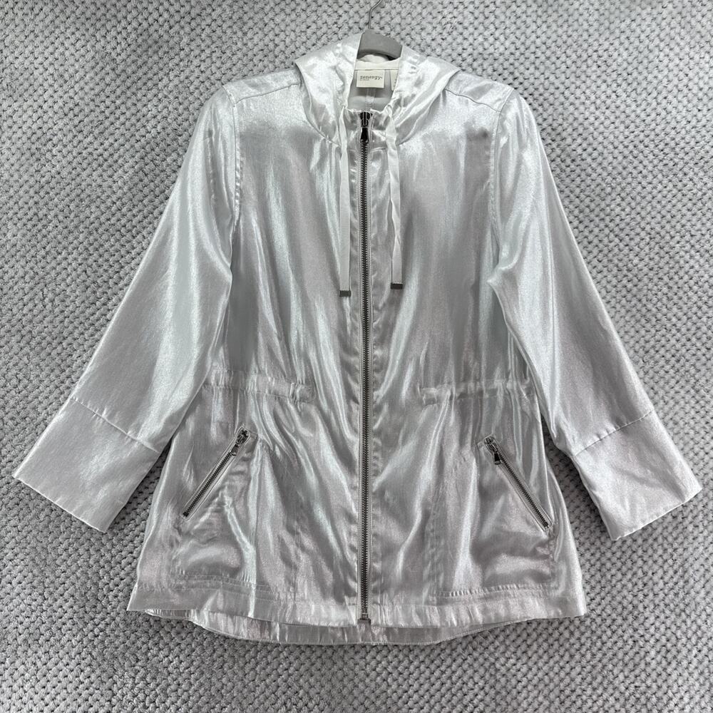 Zenergy by Chicos Jacket Womens 1 M/8 White Shimmer Full Zip Hoodie Activewear